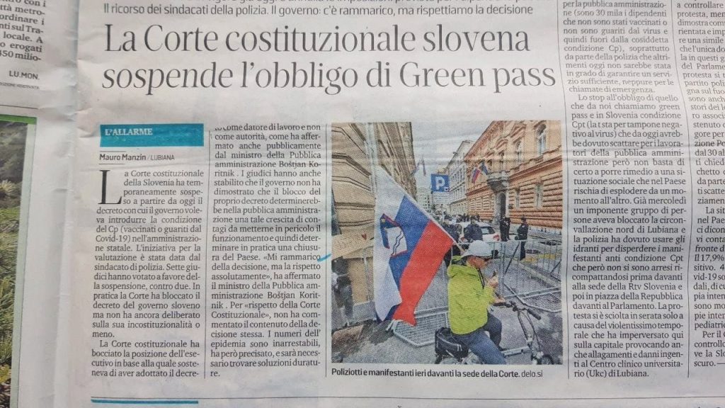 Green Pass: la Corte Costituzionale slovena sospende l’obbligo per i dipendenti pubblici