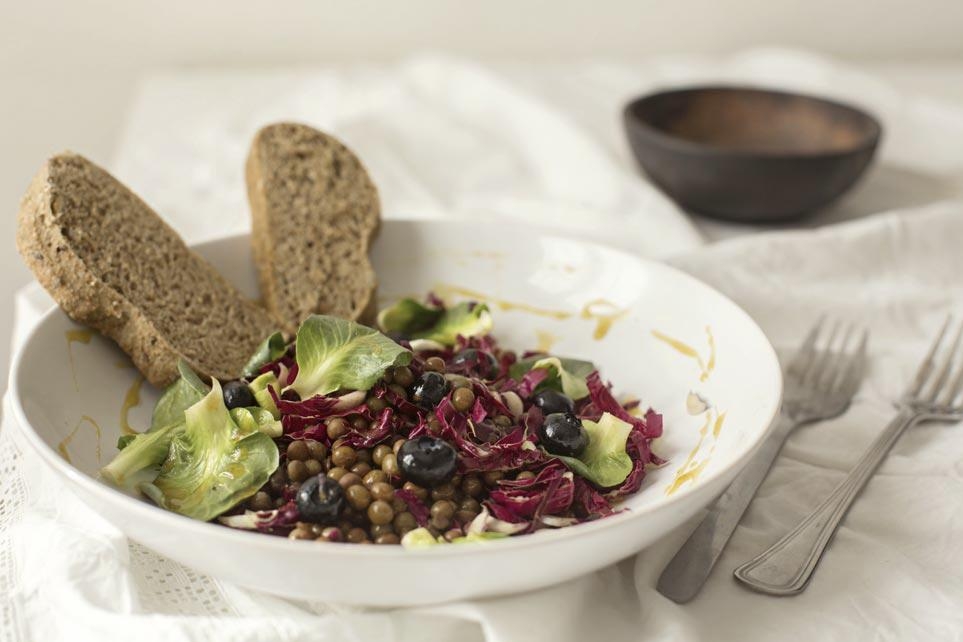 Insalata di roveja, radicchietto e mirtilli in salsa agrodolce