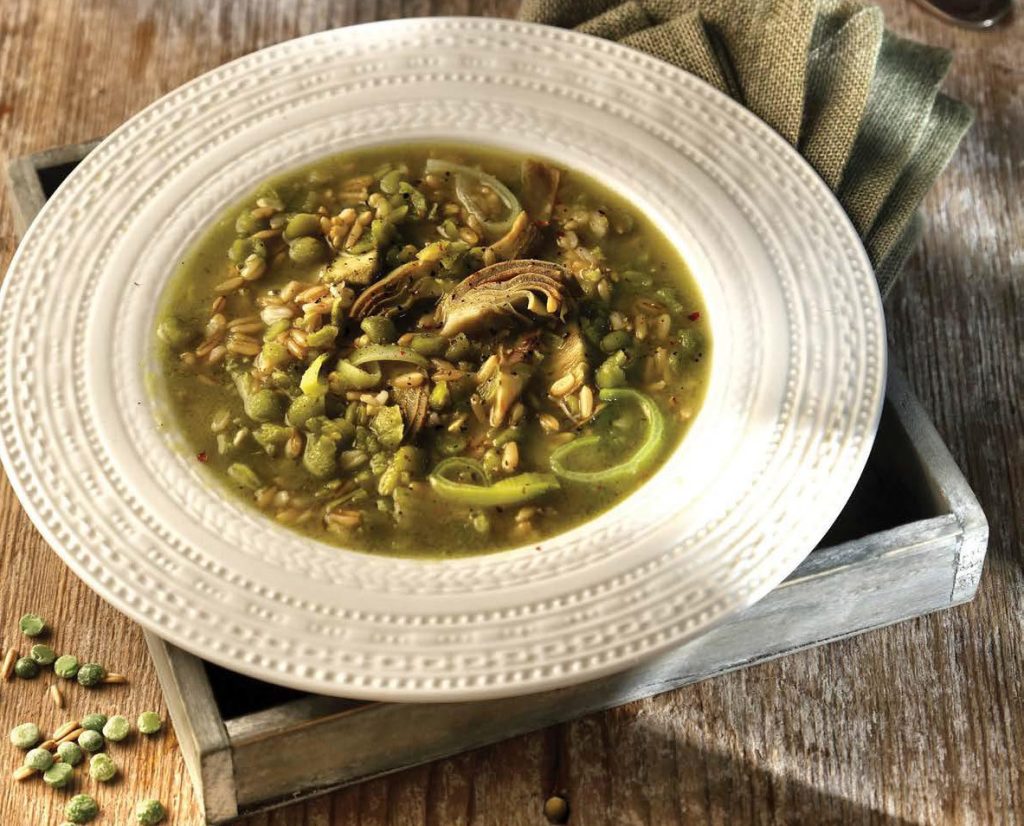 Zuppa di piselli, carciofi e avena